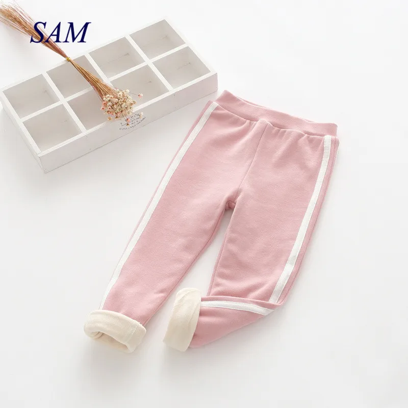 

Winter leggings girls plus velvet thick pants 2019 new boys and girls white ribbons warm pants casual trousers for children's
