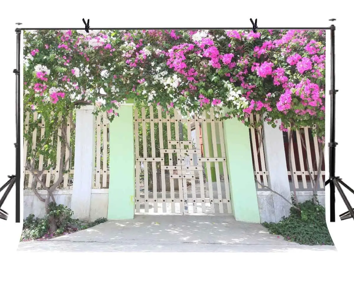 

7x5ft Beautiful Scenery Backdrop Green Tree Red Wood Door View Photography Background and Studio Photography Backdrop Props
