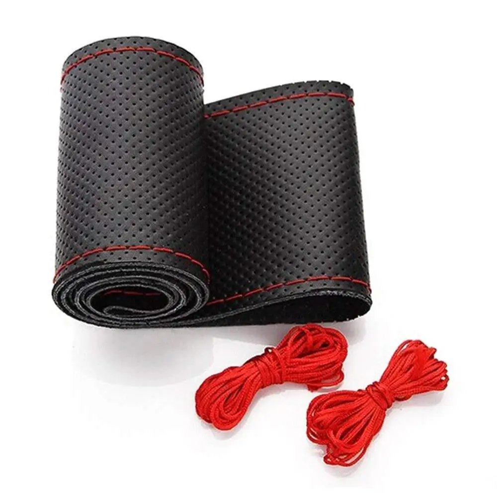 

MYSBIKER Universal Genuine Leather Car Steering Wheel Cover Stitching Style (Size M, Red and Black)