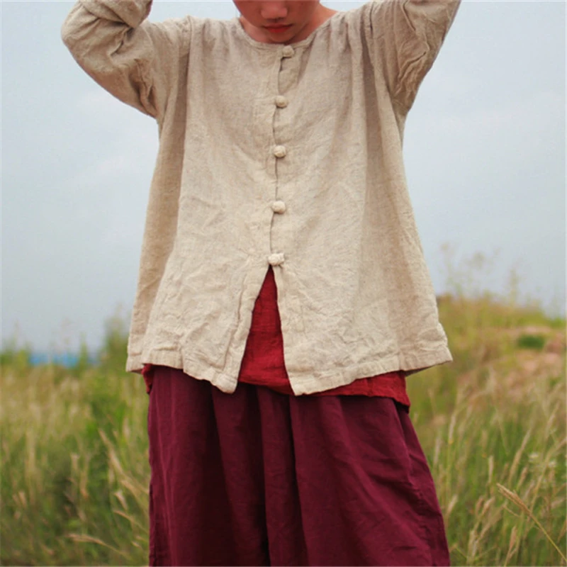 

Johnature 2019 Autumn New Shirts Vintage Button Loose Original Blouses Cotton Linen Tops O-Neck Long Sleeve Chinese Style Shirts