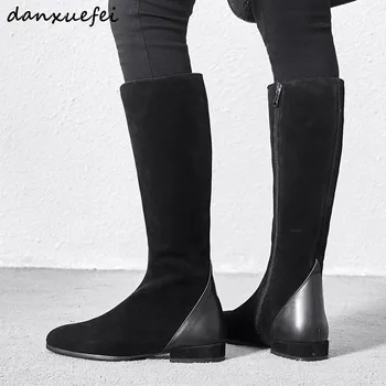 

Women's genuine suede leather winter knee high boots warm plush cold weather flats high boots leisure shoes for women plus size