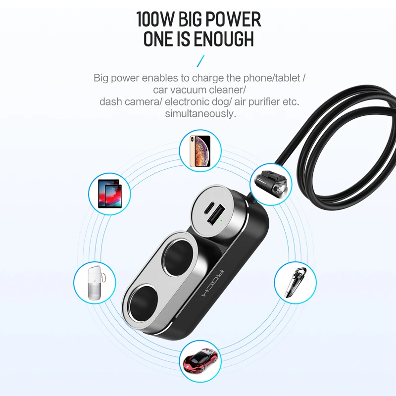 Rock 2 в 1 розетка для автомобильного прикуривателя Splitter Plug USB PD быстрое зарядное