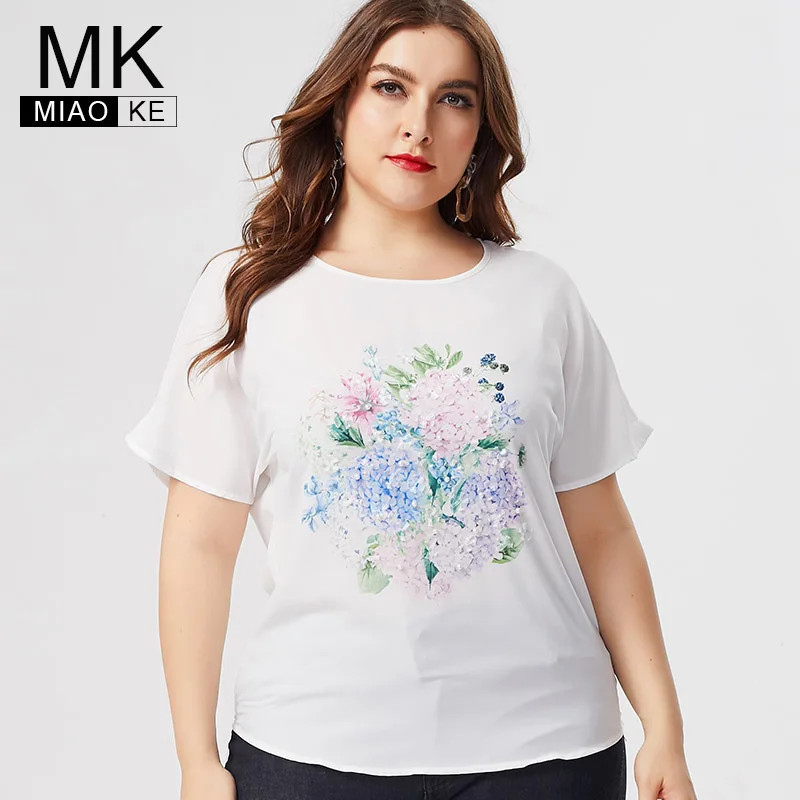 

MK 2019 summer womens Plus Size Print floral Short sleeve Chiffon tops and blouses fashion ladies office lady female t-shirts