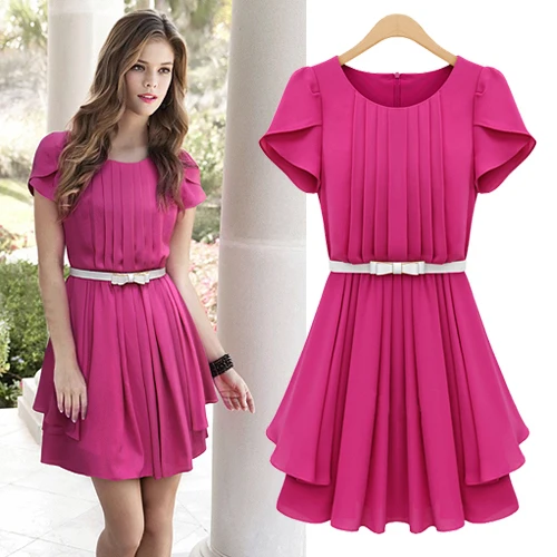 Europa Trend Hot Pink Royal Blue Lotus Sleeve Flouncing Ruffles Lady Europa Trend Hot Pink Royal Blue Lotus Sleeve Flouncing Ruffles Lady One Piece Dress With Fashion Belt Free S M L Xl Ship