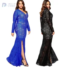 3XL-8XL plus size women V neck hollow lace long dress elegant women floor-length vintage sexy lace dresses black blue big size