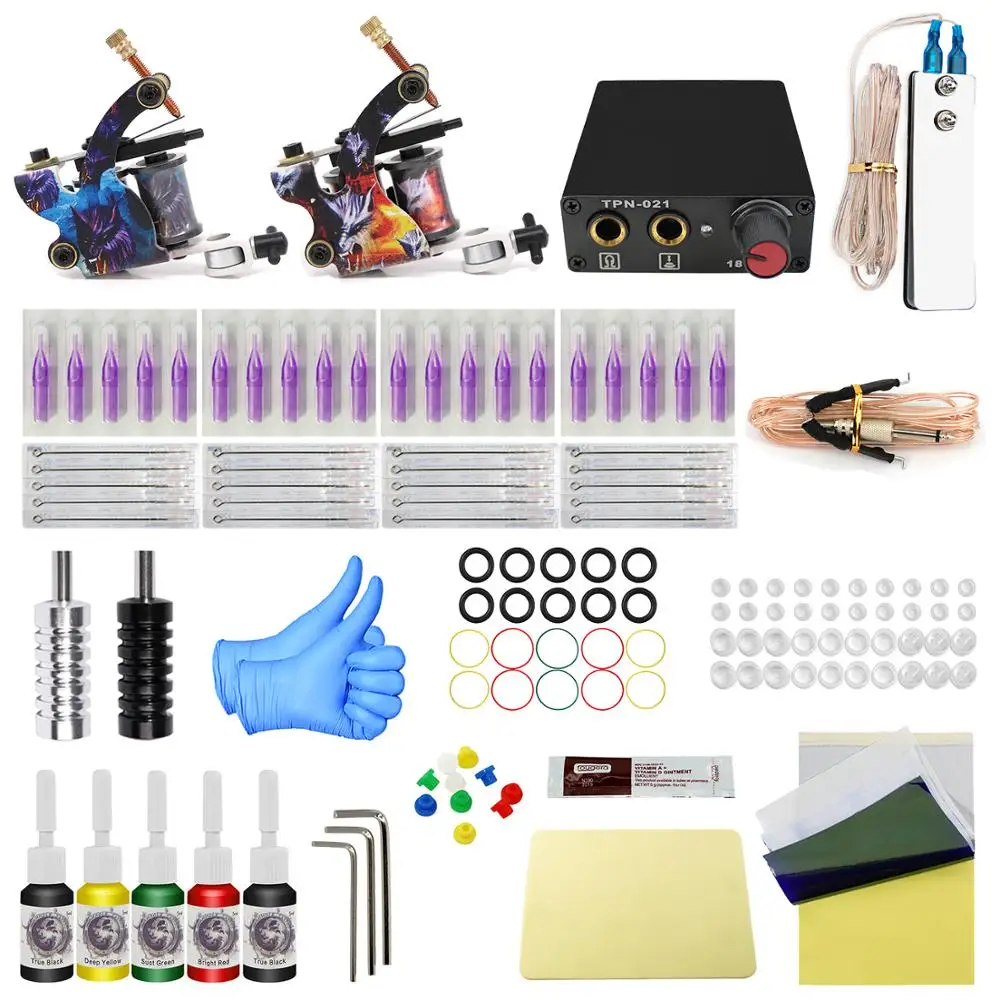 

New Tattoo Kit Tattoo Machine Set 2 Guns Kit 5 Color Inks Set LCD Power Supply Grips Kits Tattoo Accessories Set