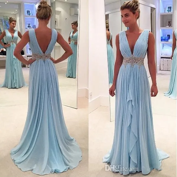 Blue Prom Dresses A-line Deep V-neck Chiffon Beaded Party Maxys Plus Size Long Prom Gown Evening Dresses Robe De Soiree silver prom dresses