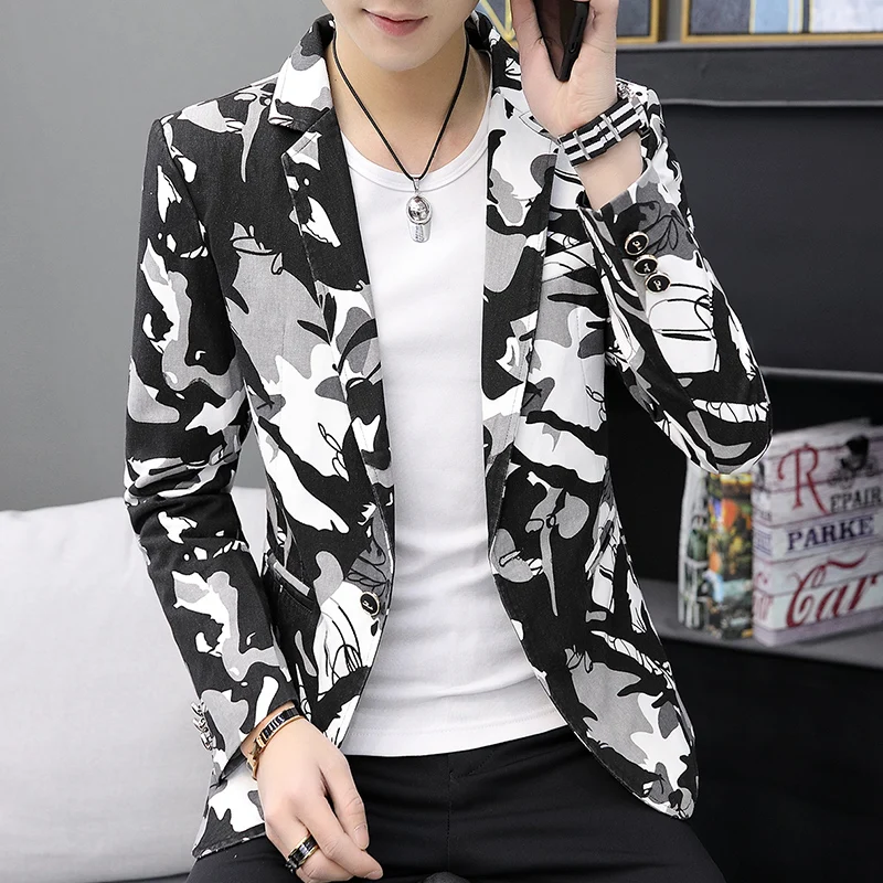 

Spring 2019 Blazer Men Fashion Camouflage Print Mens Blazer Jacket Slim Fit Casual Mens Denim Suits All Match blazer hombre 3XL