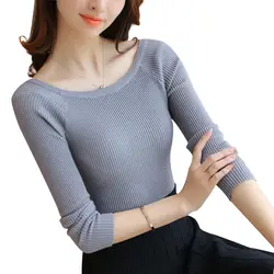2019 корейские весенние элегантные трикотажные для женщин свитеры для и пуловеры Slash средства ухода за кожей шеи с длинным рукаво