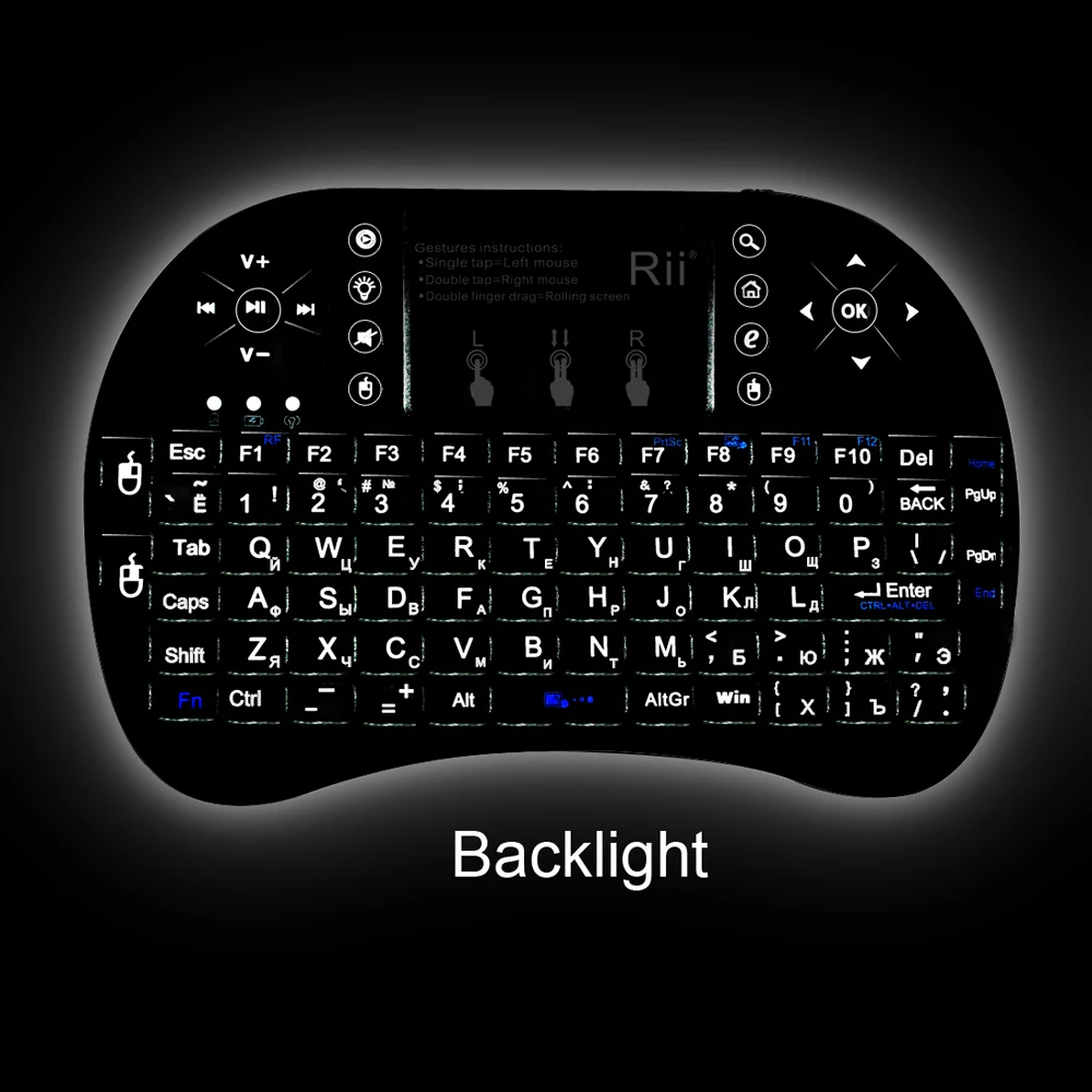 Kopen Rii i8 + Russisch Engels Spaans Hebreeuws Versie Draadloze Verlicht Toetsenbord met Touchpad voor PC Smart Android TV Set top Box