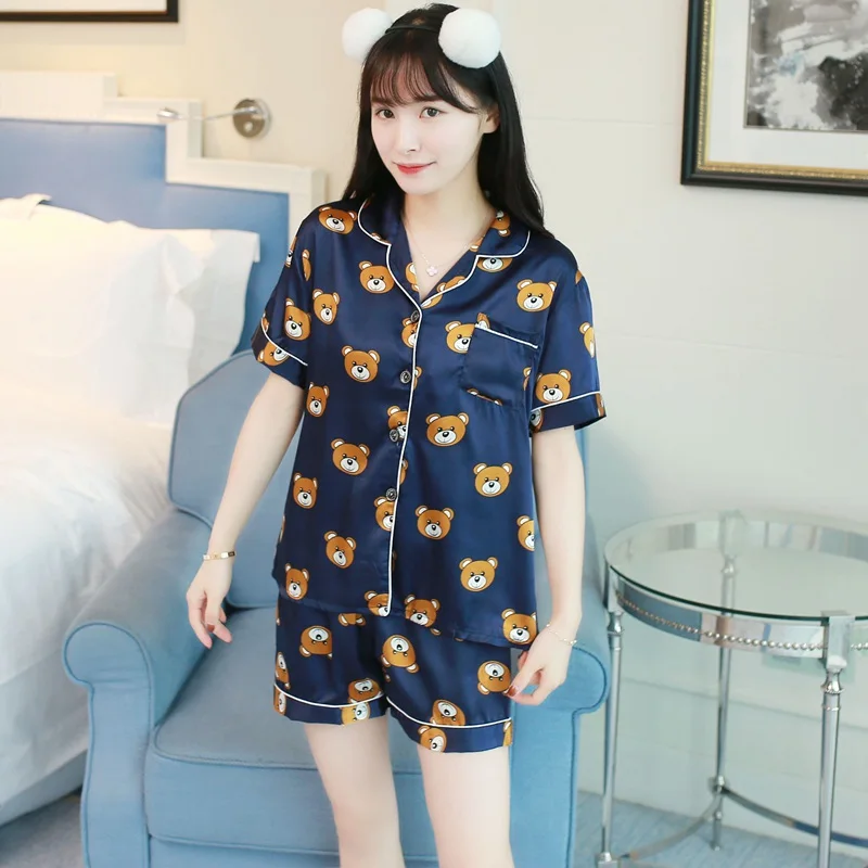 Лето 2019 г. короткий рукав шелковый атлас пижамы для девочек для женщин шорты Пижама мультфильм печати домашняя одежда Pijama Mujer