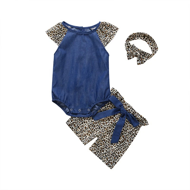 3Pcs Baby Set Newborn Girls Rompers Infant Flare Sleeve Cotton Leopard Print Shorts Headband Clothes Sets | Мать и ребенок