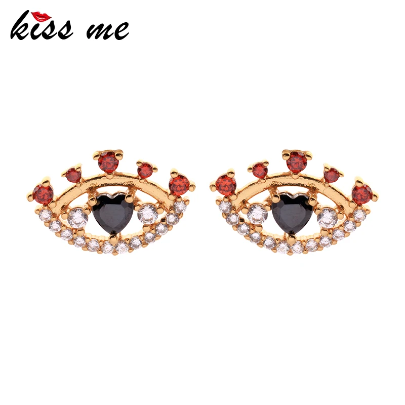 KISS ME, уникальные красные и черные циркониевые серьги-гвоздики «злые глаза» для женщин, вечерние, подарки,, латунные серьги, модные ювелирные изделия, аксессуары