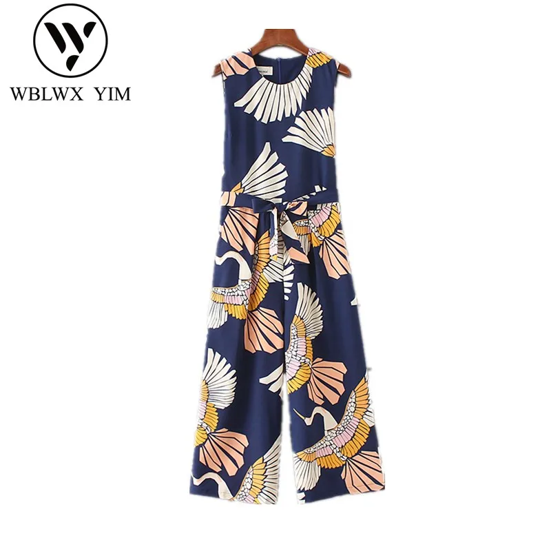 

2019 Summer New sleeveless Jumpsuits women Fashion print O-Neck Thin Rompers loose Jumpsuit female Elegant lady Casual Overalls