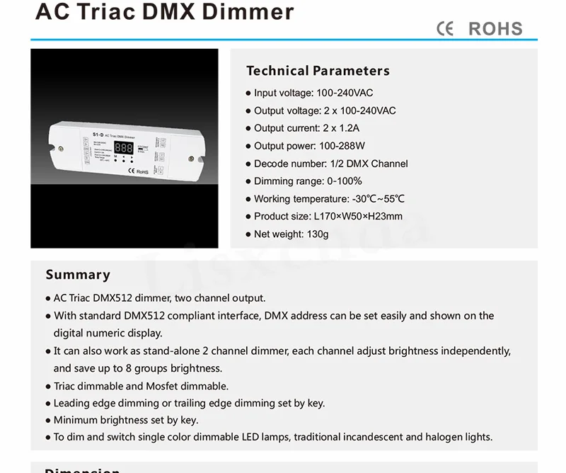 110-220V 288W AC Triac DMX512 LED DIN Dimmer Controller 2CH Output DMX  Driver