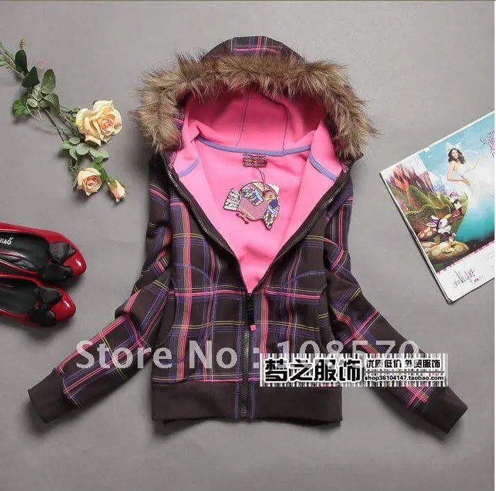 ladies hoody, warm cotton ladies hoodies, fleece lining plaided hoody