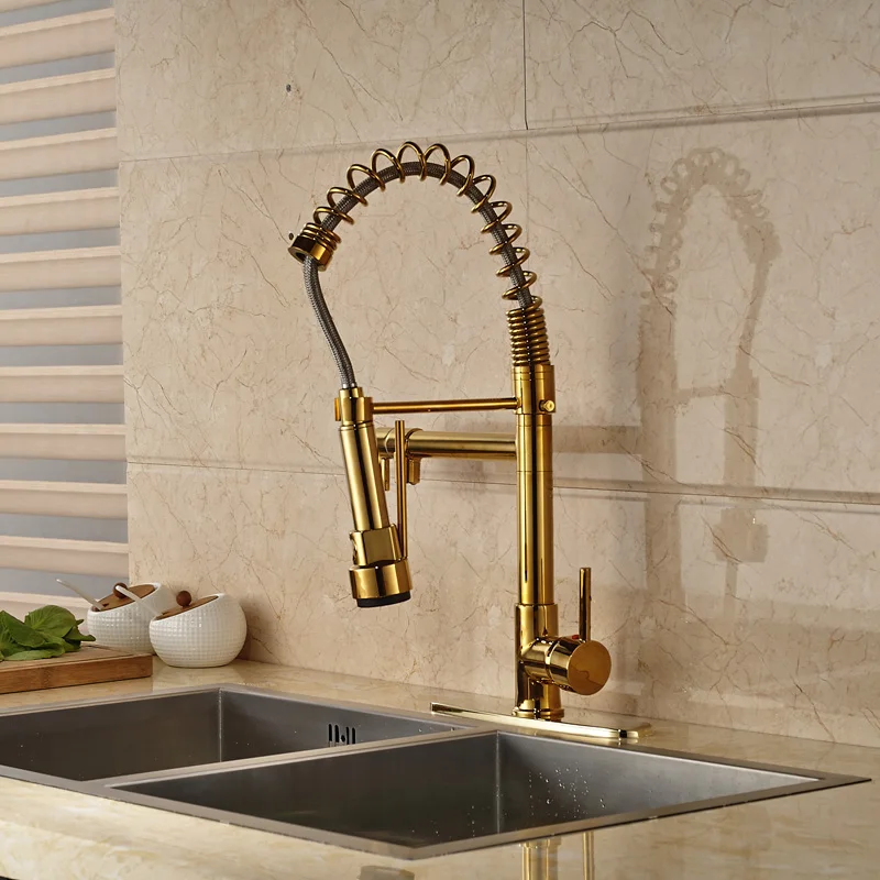 

High-grade Golden Finish Deck Mounted Kitchen Spring Mixer Faucet with Hole Cover Plate