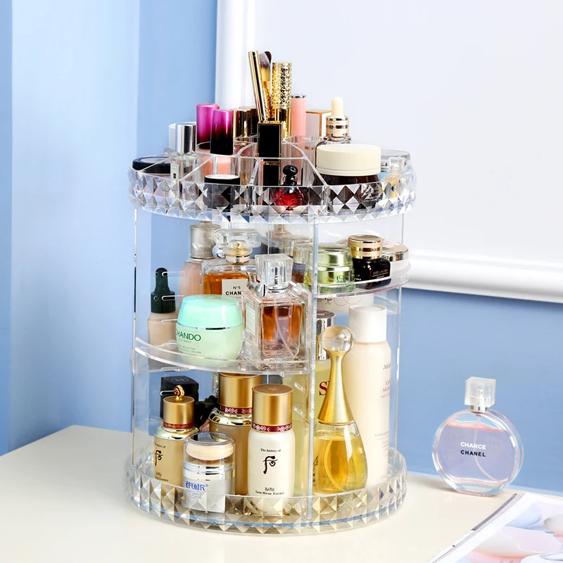  Diamond Pattern 360 Degree Rotatable Acrylic Mute Makeup Storage Box Lipstick Brush Perfume Nail Po