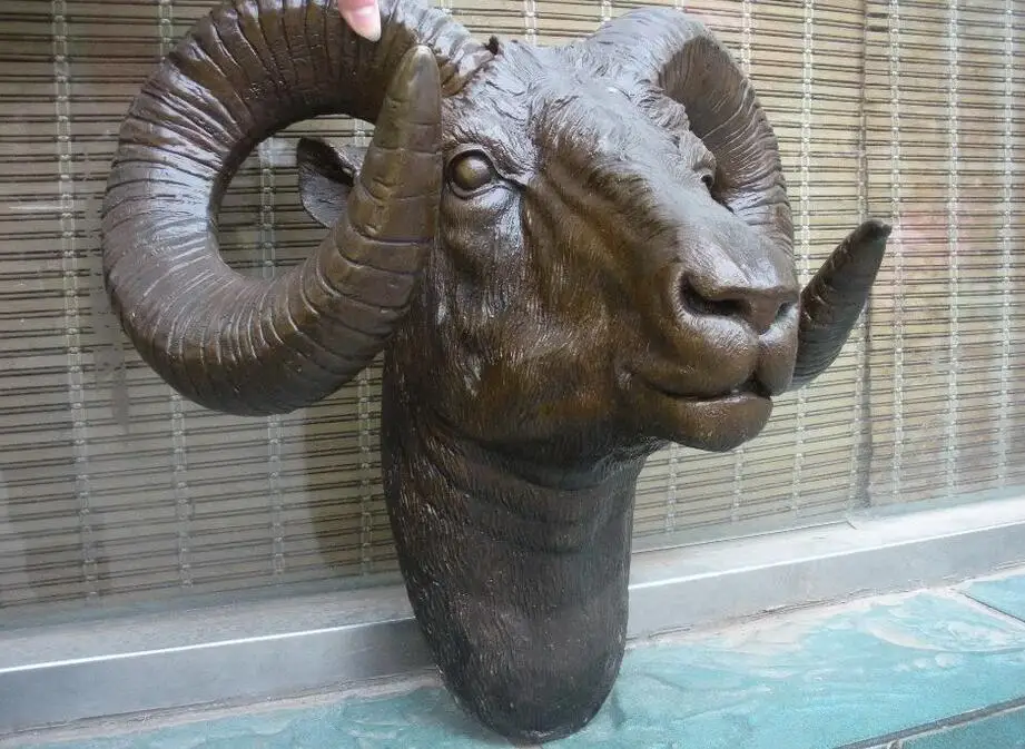 China Pure Bronzr Copper Statue goat Sheep Head Wall Hang Art Sculpture