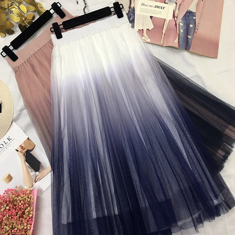 TIGENA/красивые длинные тюлевые юбки градиентного цвета для женщин; Корейская трапециевидная плиссированная Макси-юбка с высокой талией; женская школьная юбка для девочек