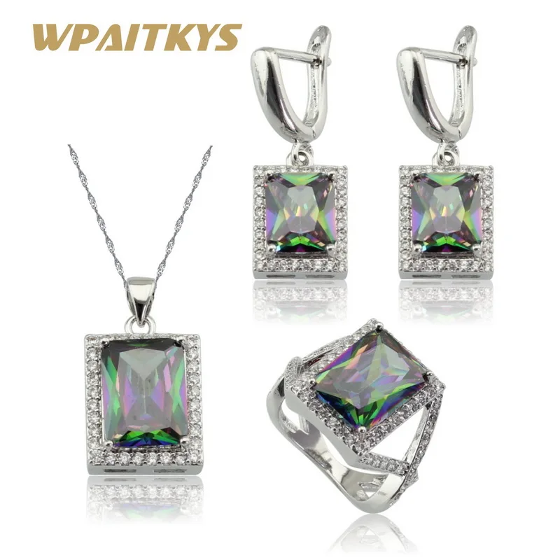 

Square Mulicolor Rainbow Stones Silver 925 Jewelry Sets Necklace Pendant Earrings Rings Women Christmas Gift