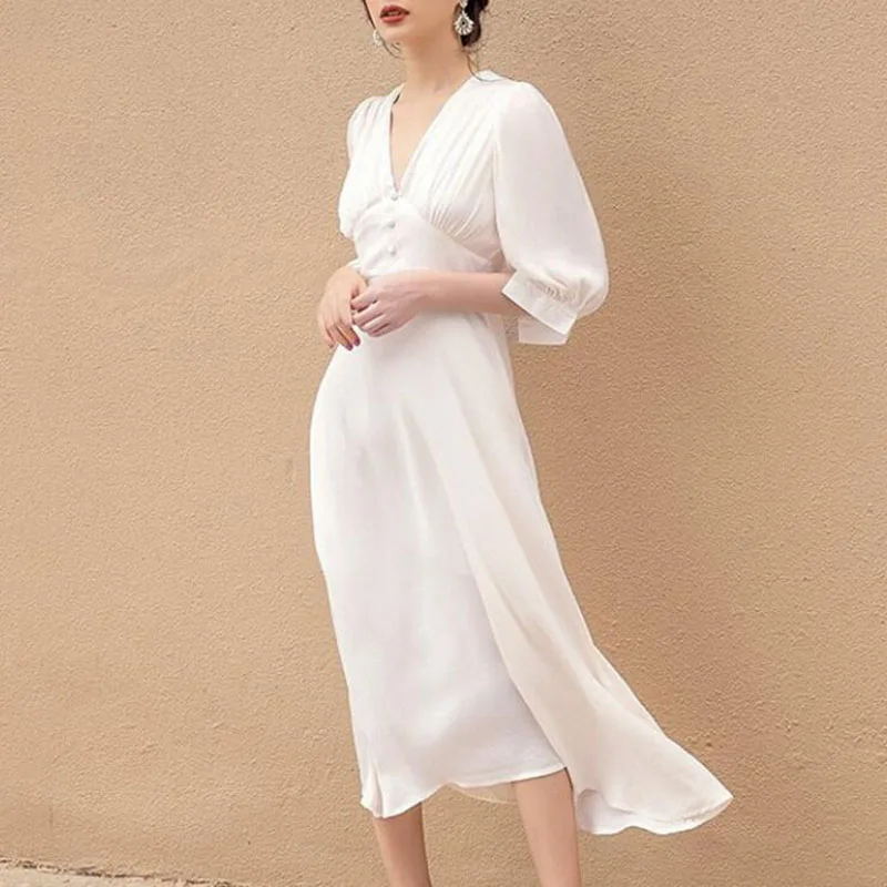 

Chiffon Dresses Female V Neck Puff Half Sleeve White Midi Dress Women 2019 Spring Elegent Fashion