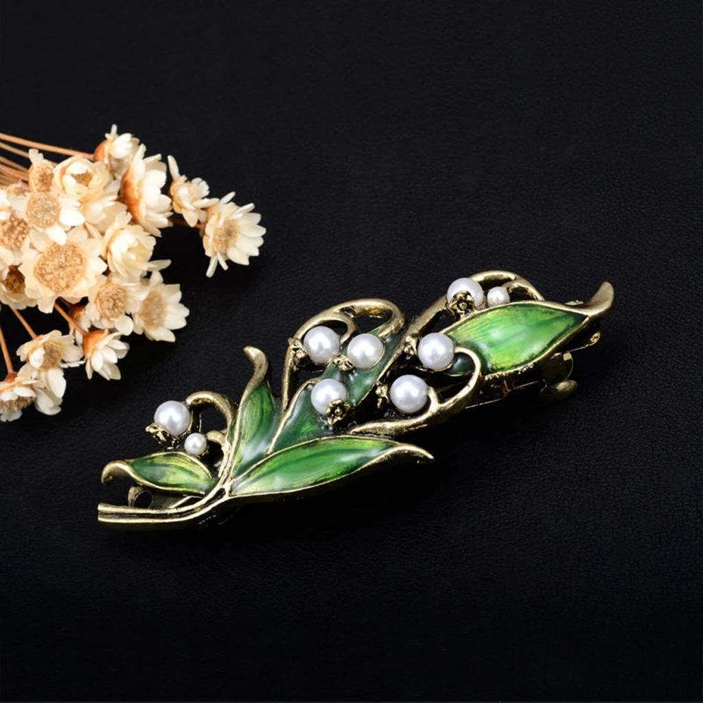 Retro Green Rhinestone Pearls Sprung Barrette Women Ladies Headwear Hairpin Hair Clip Accessories