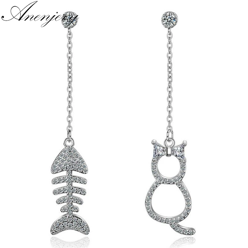 Anenjery, 925 пробы, серебряные серьги, мозаика, CZ, цирконий, кошка, рыба, длинные серьги с кисточками для женщин, oorbellen brincos, S-E390