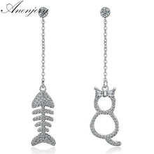 Anenjery, 925 пробы, серебряные серьги, мозаика, CZ, цирконий, кошка, рыба, длинные серьги с кисточками для женщин, oorbellen brincos, S-E390
