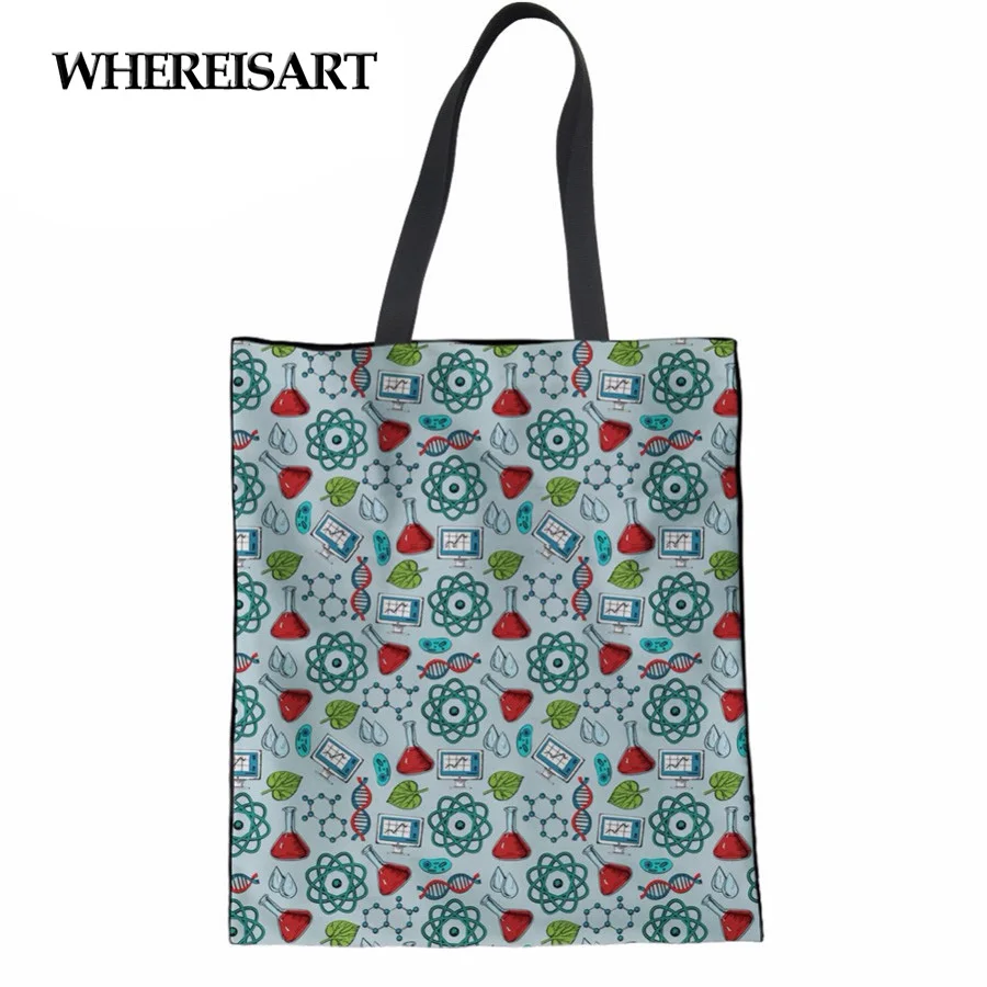

WHEREISART Eco-friendly Canvas Cotton Mom Shopping Bag Science Research Printing Top Handbag Shoulder Daily Use Large Tote Bag