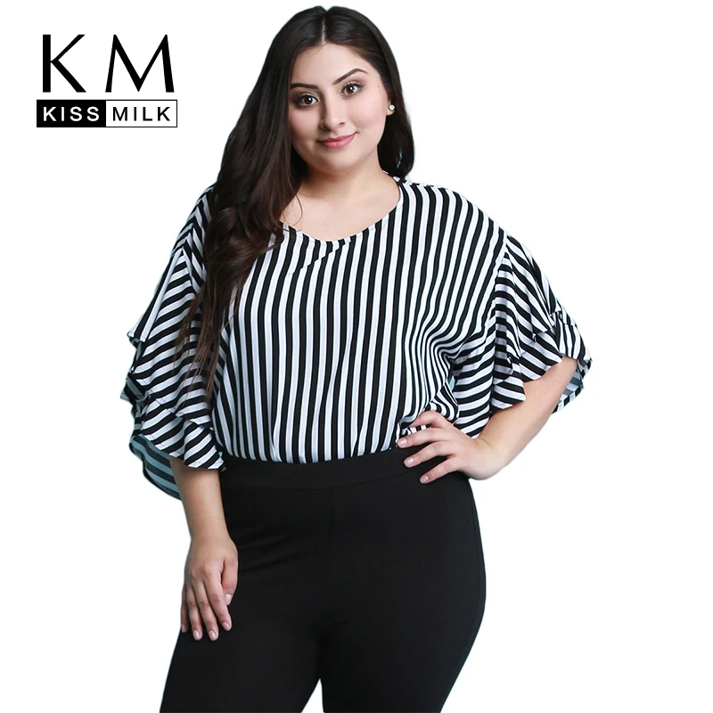 

Kissmilk Plus Size Women Casual Black And White Stripe Print Half Ruffles Sleeve Tops Blouse Loose Basic O Neck Long Shirt