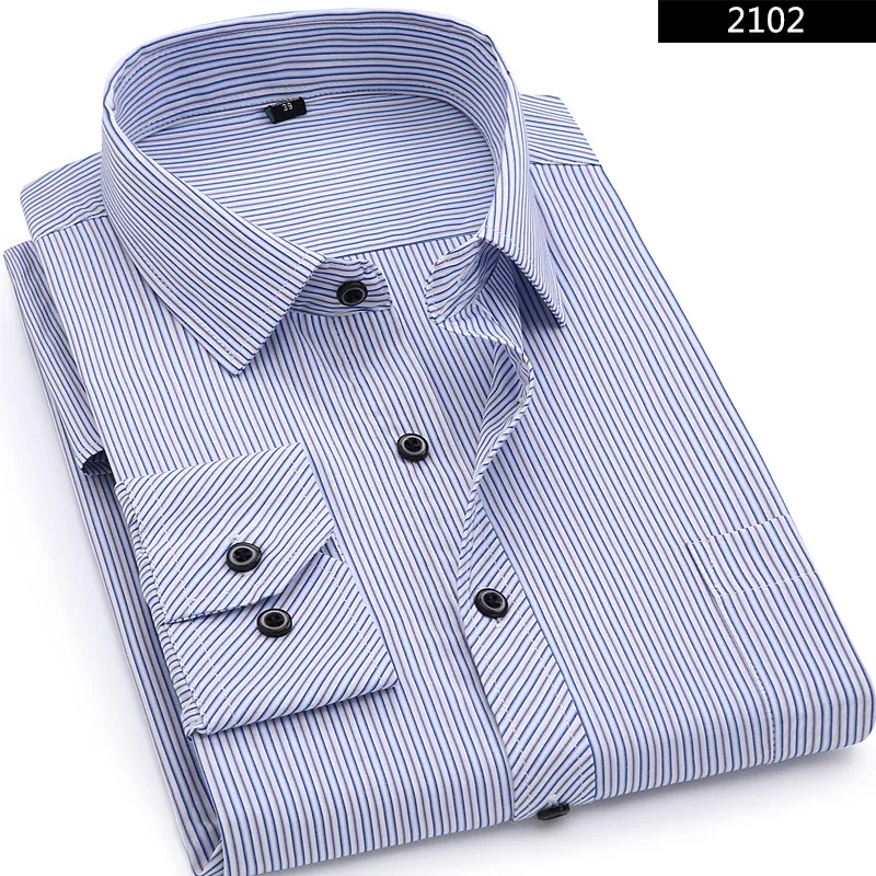 Mens Business Casual Long Sleeved Shirt Classic Striped Male Social Dress Shirts Purple Blue