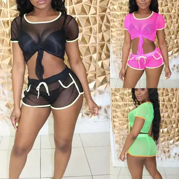 

2PCS Beach Sets Women Short Sleeve O Neck Knot Crop Tops+Lace Up Shorts Mesh Sheer Sportswear Tracksuit Set Casual Outfit