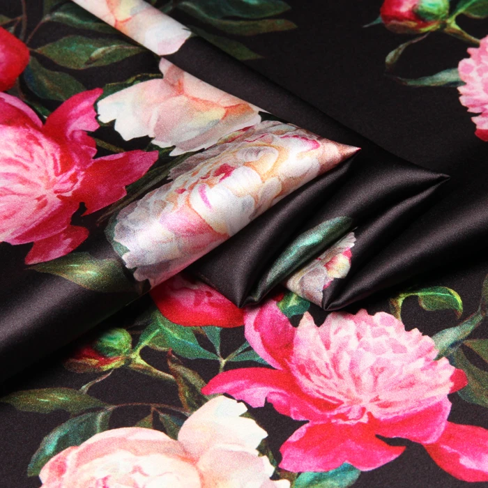 108CM Wide 19MM Flamingos Print Pink Black Strech Silk Satin Fabric for Elegant Women/'s Blouse Dress Clothing Cheongsam E337