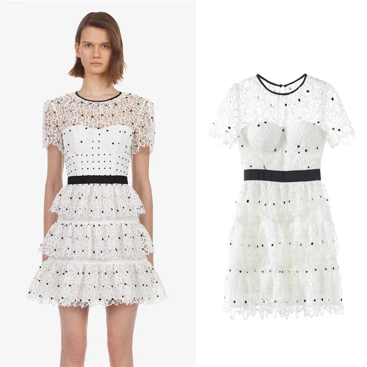 

New cake with model of new lace hollow out short sleeved summer round collar waist dress G04133 wave point