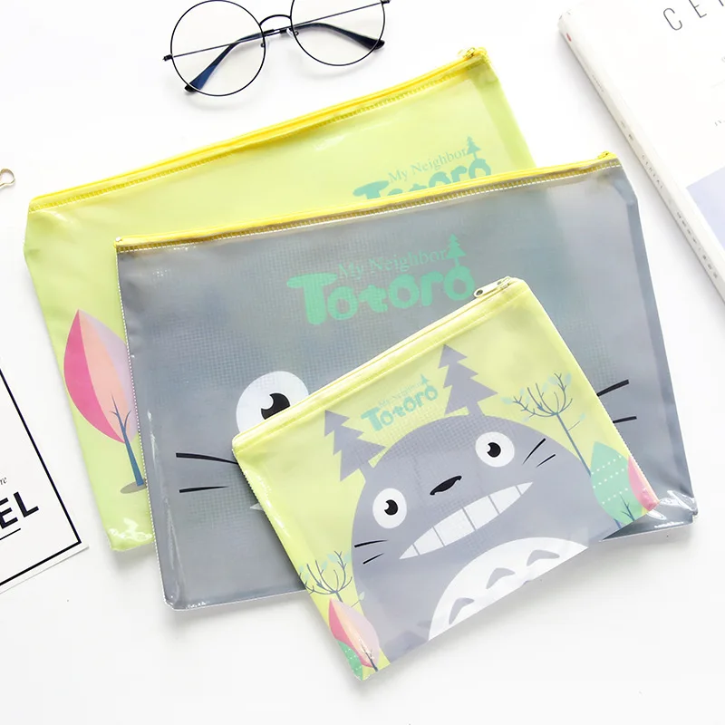 

3PCS S/M/L Totoro Grid Plastic Transparent Folder File Zipper Bag Bill Bag Data Bag Stationery Student Pencil Bag Supplies
