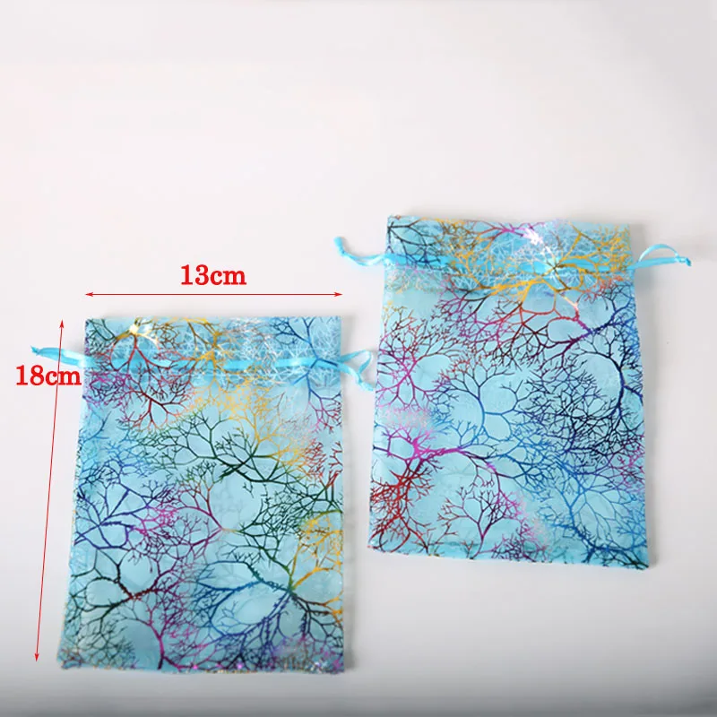 13x18 CM color hot stamping organza bundle pocket beautiful lake blue organza transparent gift bag Christmas bag 100pcs