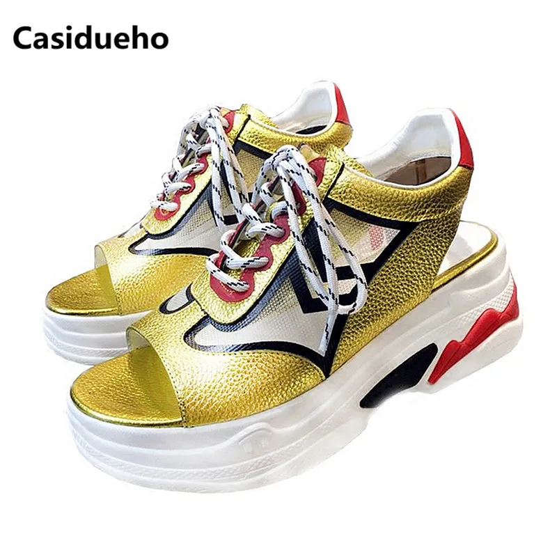 

Casidueho Cut-outs Platform Shoes Woman Lace Up Leather Sandalias Mujer Mixed Color Gladiator Sandals Open Toe Wedges Shoes 40