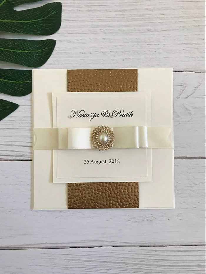  Luxury Gold/Silver/White Embossed Pebble Wedding Invitations with Pearl and Crystal Embellishment - 32763217134