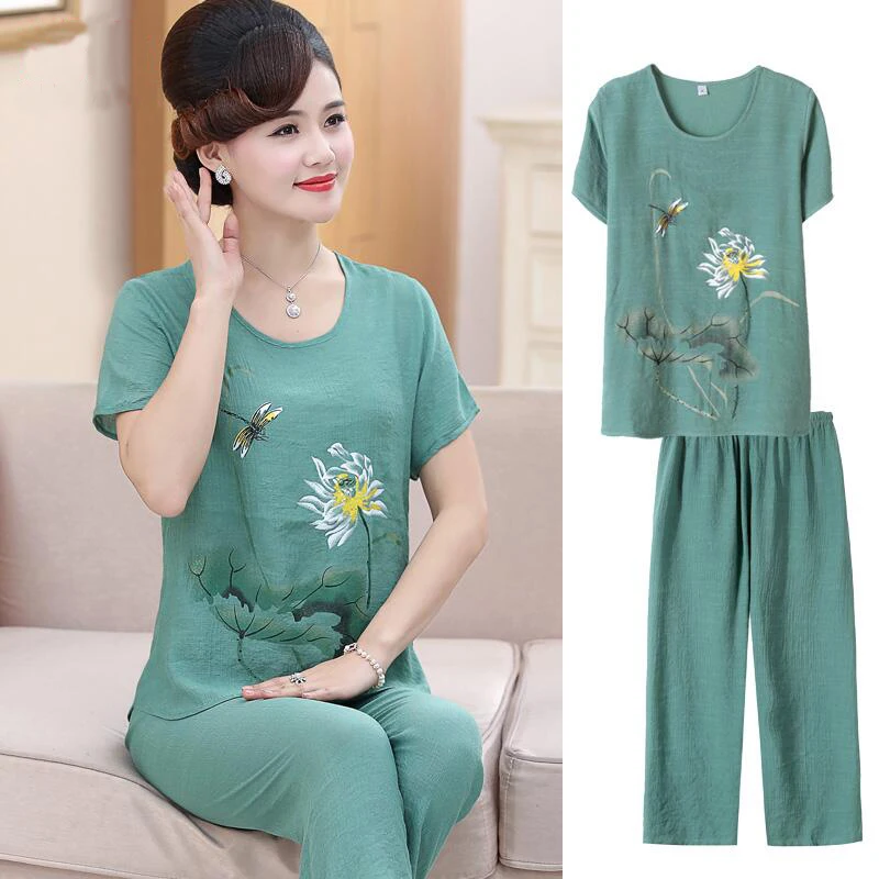 Women loose short sleeve tops +pant suit 2018 summer cotton linen 2