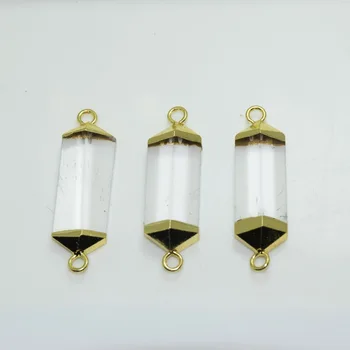 

5pc Gold Plating Natural Clear Crystal Quartz hexagonal connector for girl gem stone charm connector for necklace jewelry