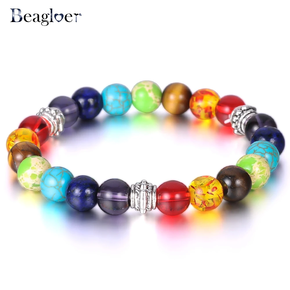 

Beagloer Trendy 7 Chakra Mixed Stone Healing Chakra Pray Mala Bracelet Lava Rock Beads Jewelry Balancing Bracelets