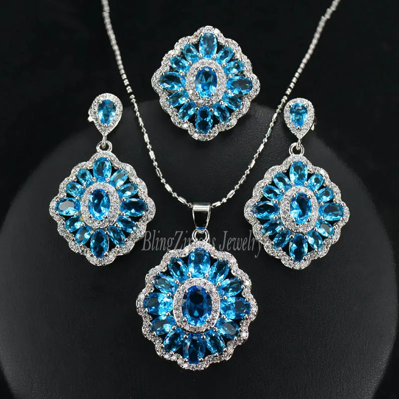 BeaQueen цветной фианит турецкое серебро 925 ювелирные изделия большое кристаллическое кольцо серьги и цепочка ожерелье наборы для женщин JS055 - Окраска металла: Light Blue