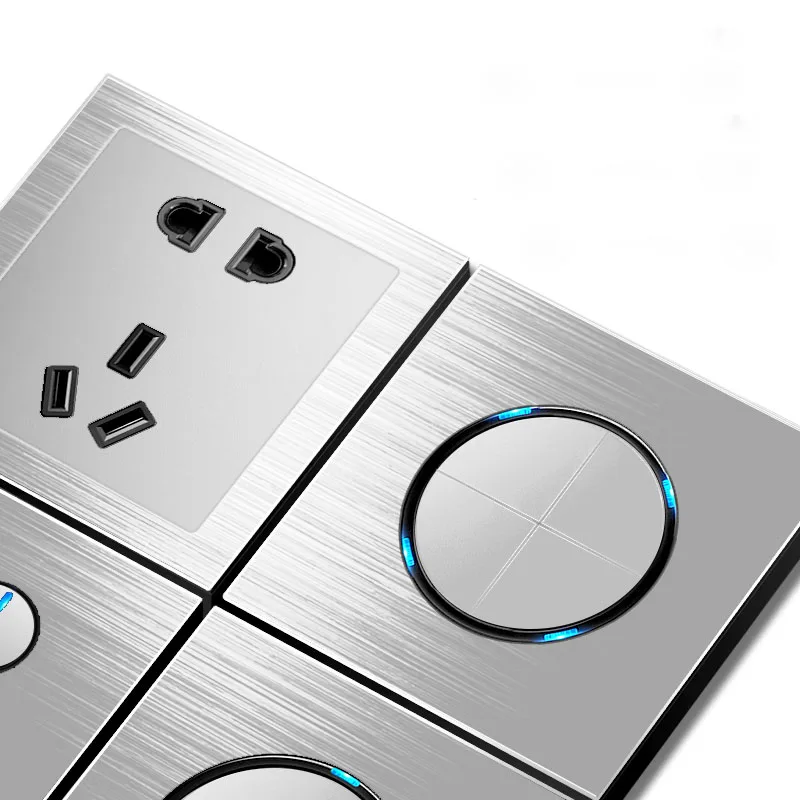 86 type 1 2 3 4 gang 1 2way Silver aluminum alloy panel Switch socket LED Northern Europe Industry German UK French light socket
