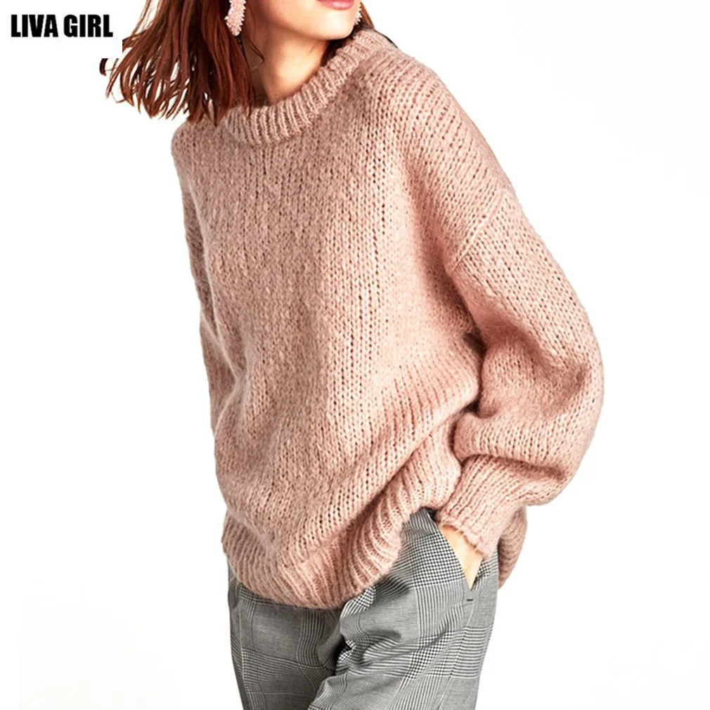 Liva Girl Autumn Winter Loose Sweaters 2017 Fashion Women Lantern Sleeve Knitted Sweater Jumpers