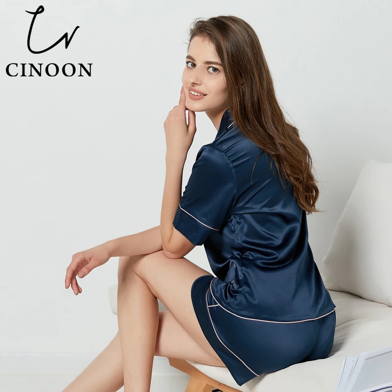 

CINOON new sexy pyjamas women's Short Sleepwear Silk Satin Pajamas Suit Female soft sleep two piece Comfortable Nightgown Set