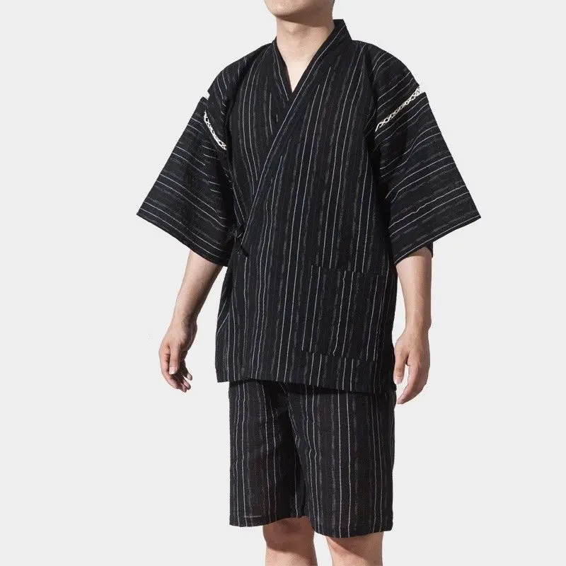 Мужские пижамные комплекты в японском стиле Yukata Пижама-кимоно с коротким рукавом v-образные вырезы шорты полосатая Пижама Homme 226-117 - Цвет: Черный