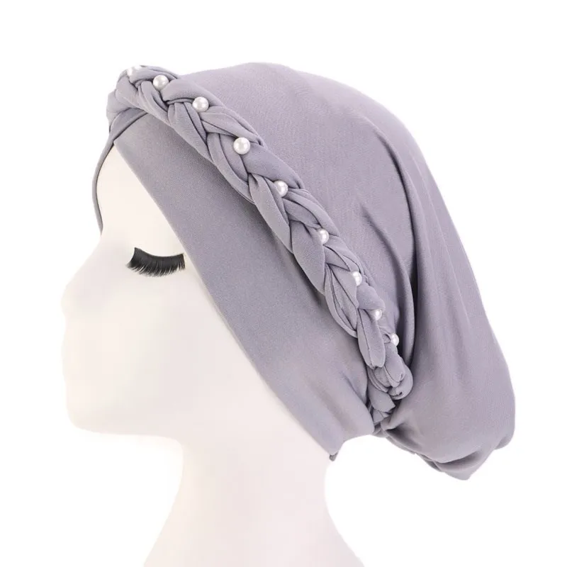 Мусульманские перламутровые Косы Эластичный Тюрбан с оборками шапки бини банданы шарф для головы головные уборы для женщин 48
