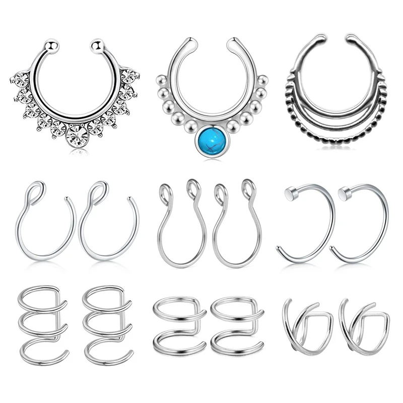 

JFORYOU 15PCS Stainless Steel Ear Cuff Ear Clips Non Piercing Cartilage Earrings Fake Nose Lip Suptum Ring Set for Men Women,