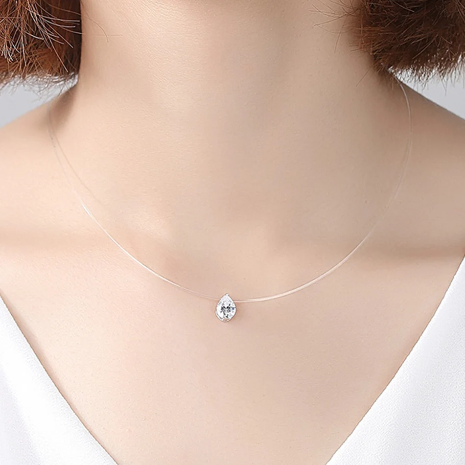 ELESHE 925 Sterling Silver Necklace& Pendant Transparent Water Drop Crystal Raindrop Choker Necklaces for Women Wedding Jewelry